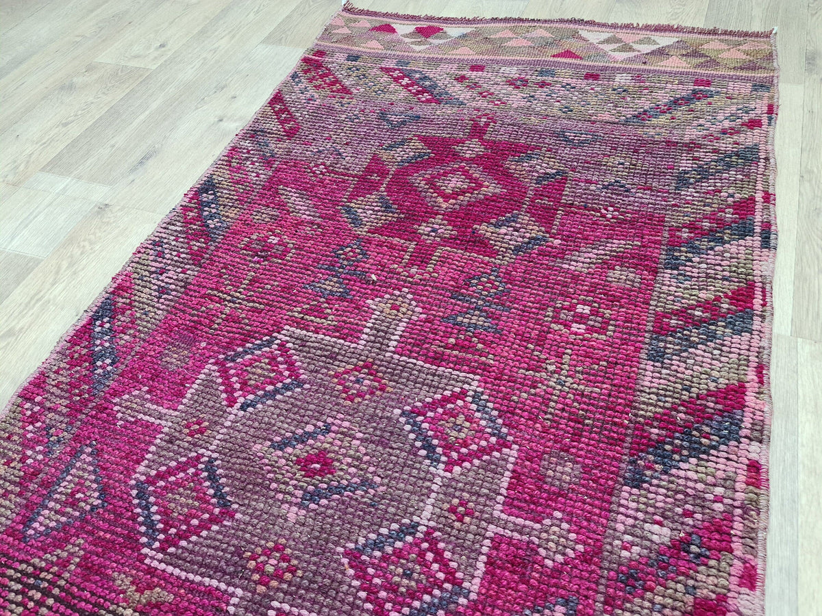 Hand Knotted Wool Herki Runner: 3x13 Vintage Turkish Rug