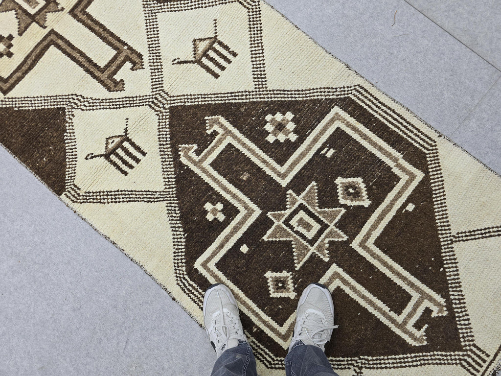 3x12 Neutral Hand Knotted Wool Turkish Runner - High Quality Muted Wool Oushak Runner for Kitchen, Hallway and Entry, Boho Decor rug runner