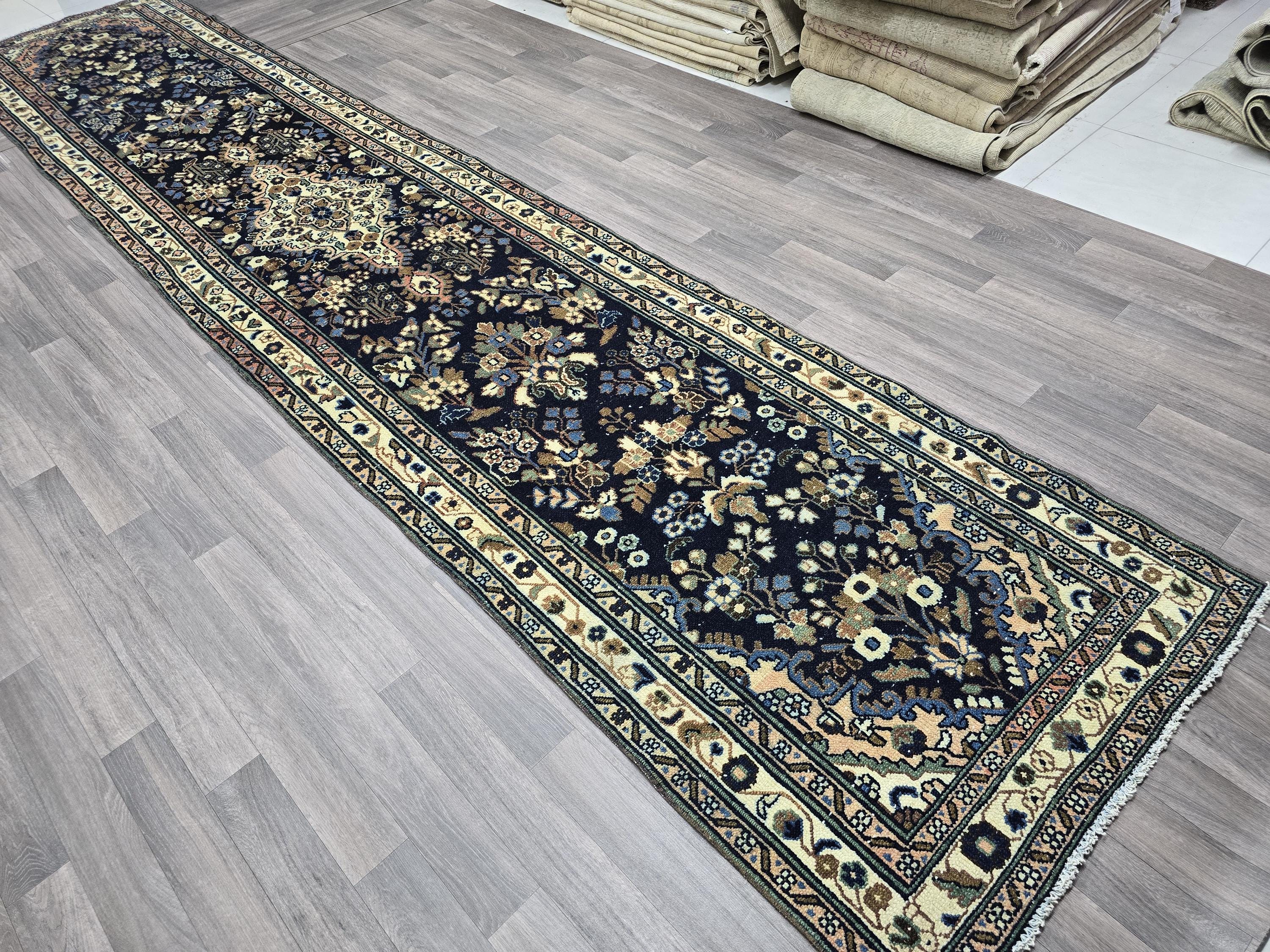 Hand Knotted Wool Runner Rug: 3x16 ft Vintage Turkish Oriental Design