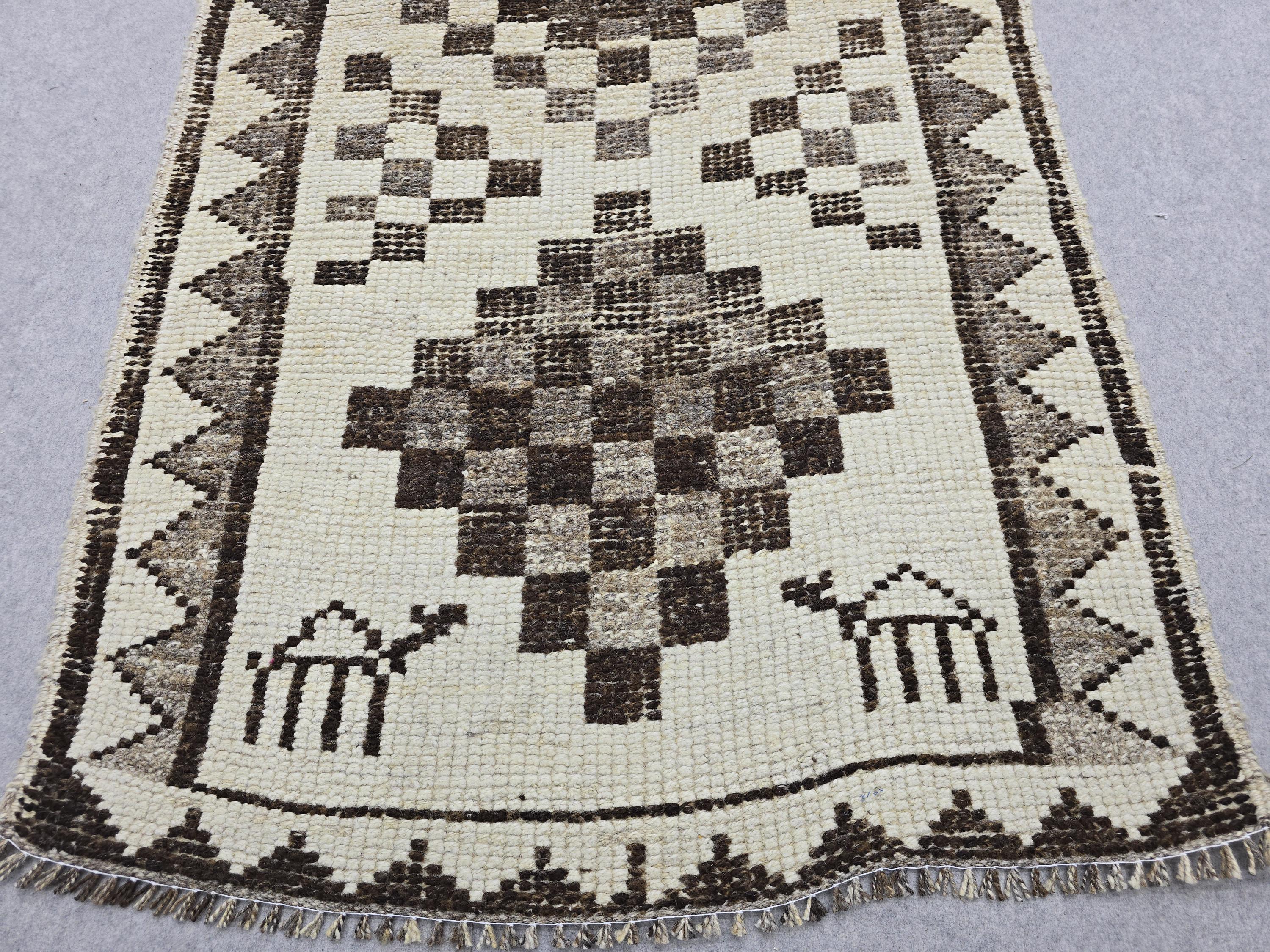 Vintage Rug Runner 3x11 | Neutral Cream Brown Tribal Hallway Carpet | Hand Knotted Wool Turkish Runner