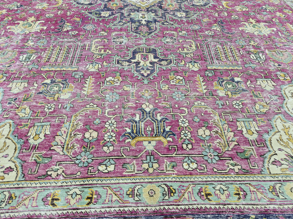 Hand Knotted Oushak Rug 9x13, Bold Magenta Floral Turkish Wool Carpet