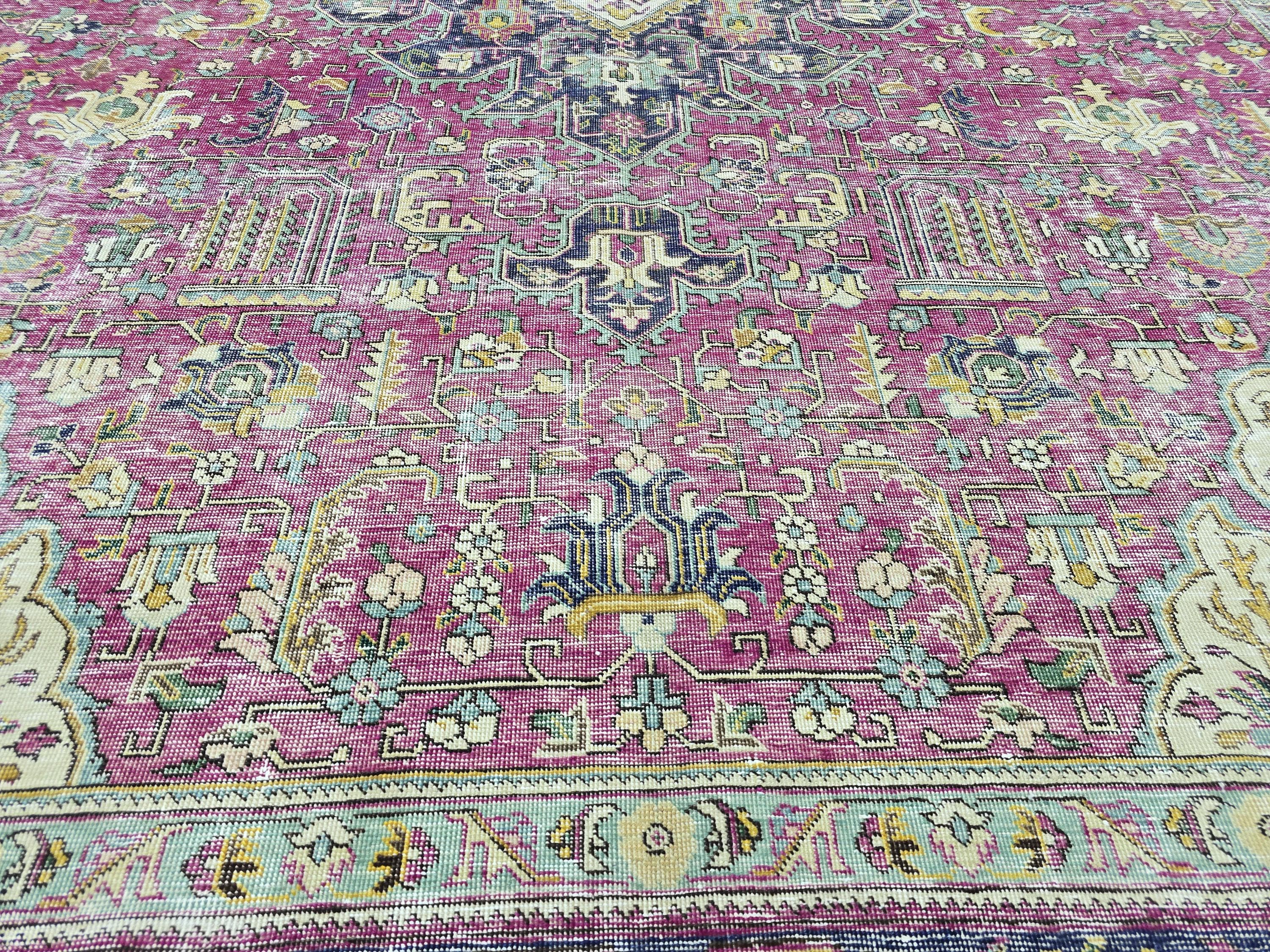Hand Knotted Oushak Rug 9x13, Bold Magenta Floral Turkish Wool Carpet