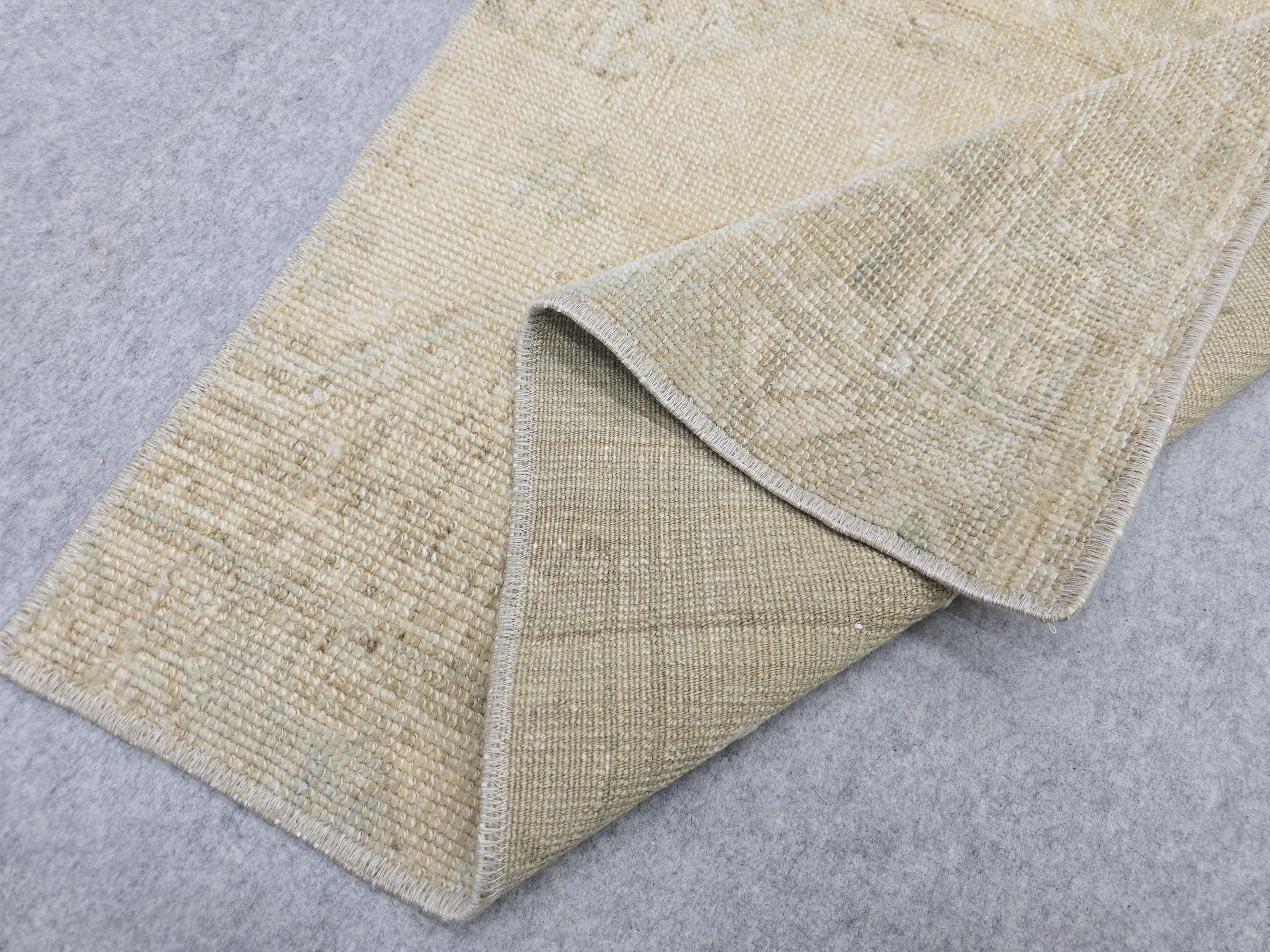 Vintage Bath Mat 2x3, Small Turkish Rug, Faded Neutral Door Mat, Hand Knotted Wool Oushak Mat, Muted Beige Kitchen Rug, Boho Entryway Rug