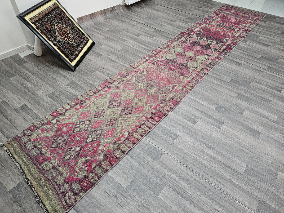 Hand Knotted Wool Turkish Runner: Vintage Geometric Hallway Rug (2.70x14.70 ft)