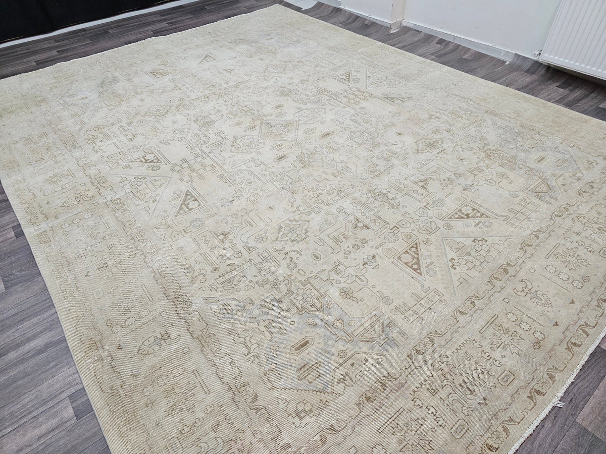 9x12 Distressed Oversize Neutral Anatolian Rug | Geometric Wool Area Rug