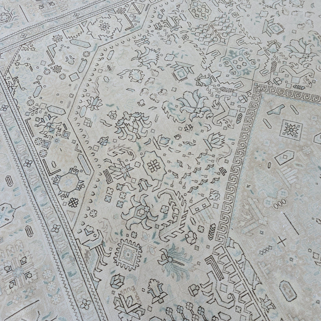 Neutral Anatolian Rug 9x12 Ivory Aqua Medallion Hand Knotted Vintage Wool