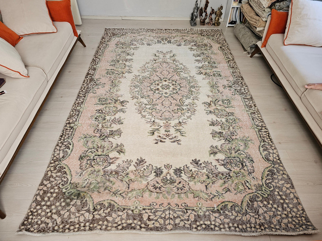6x10 Vintage Turkish Oushak Rug: Hand-Knotted Wool Area Rug Pink Cream Brown Wool Rug for Diningroom and Office