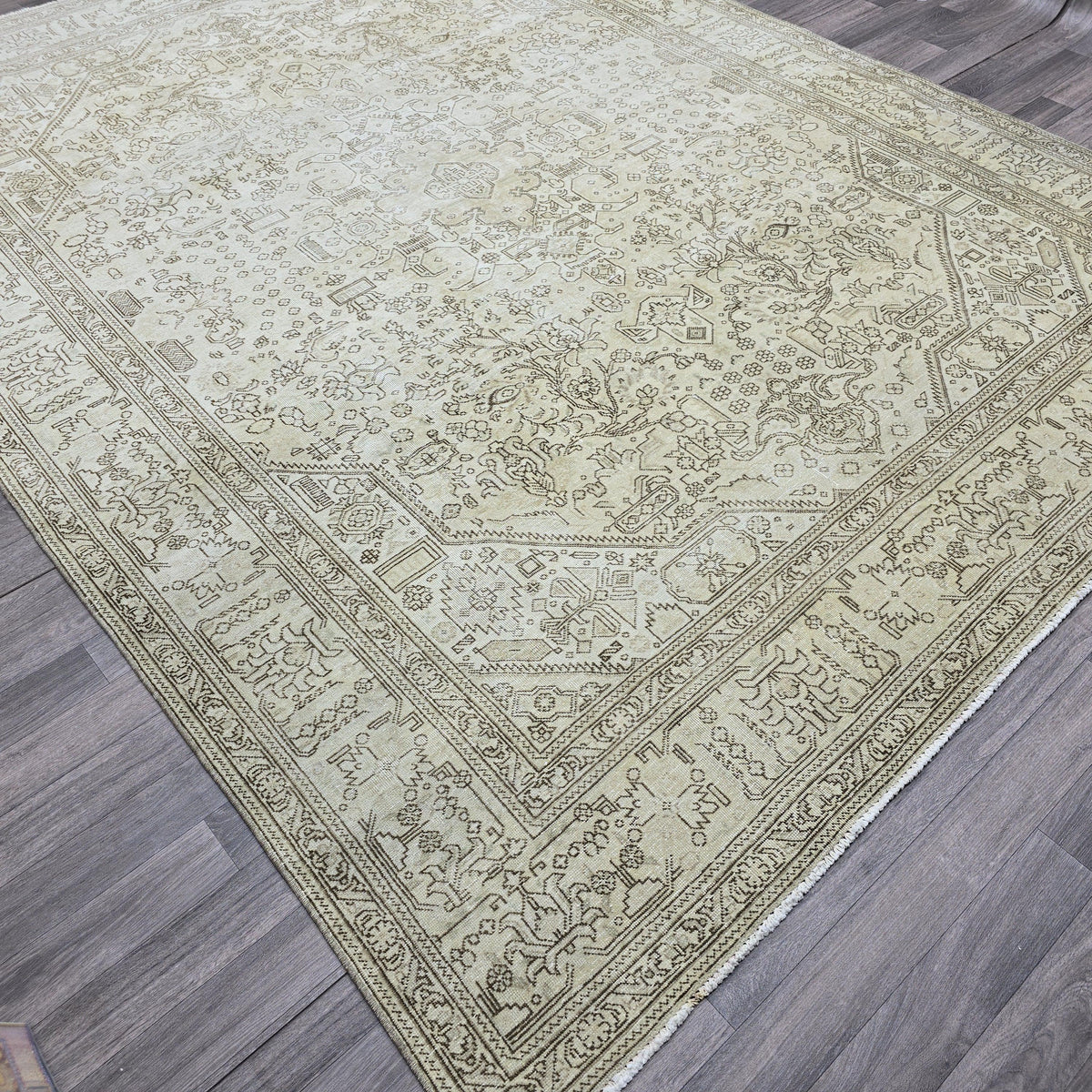 Vintage Oushak Turkish Rug: 8x11 Beige Cream Wool Area Rug