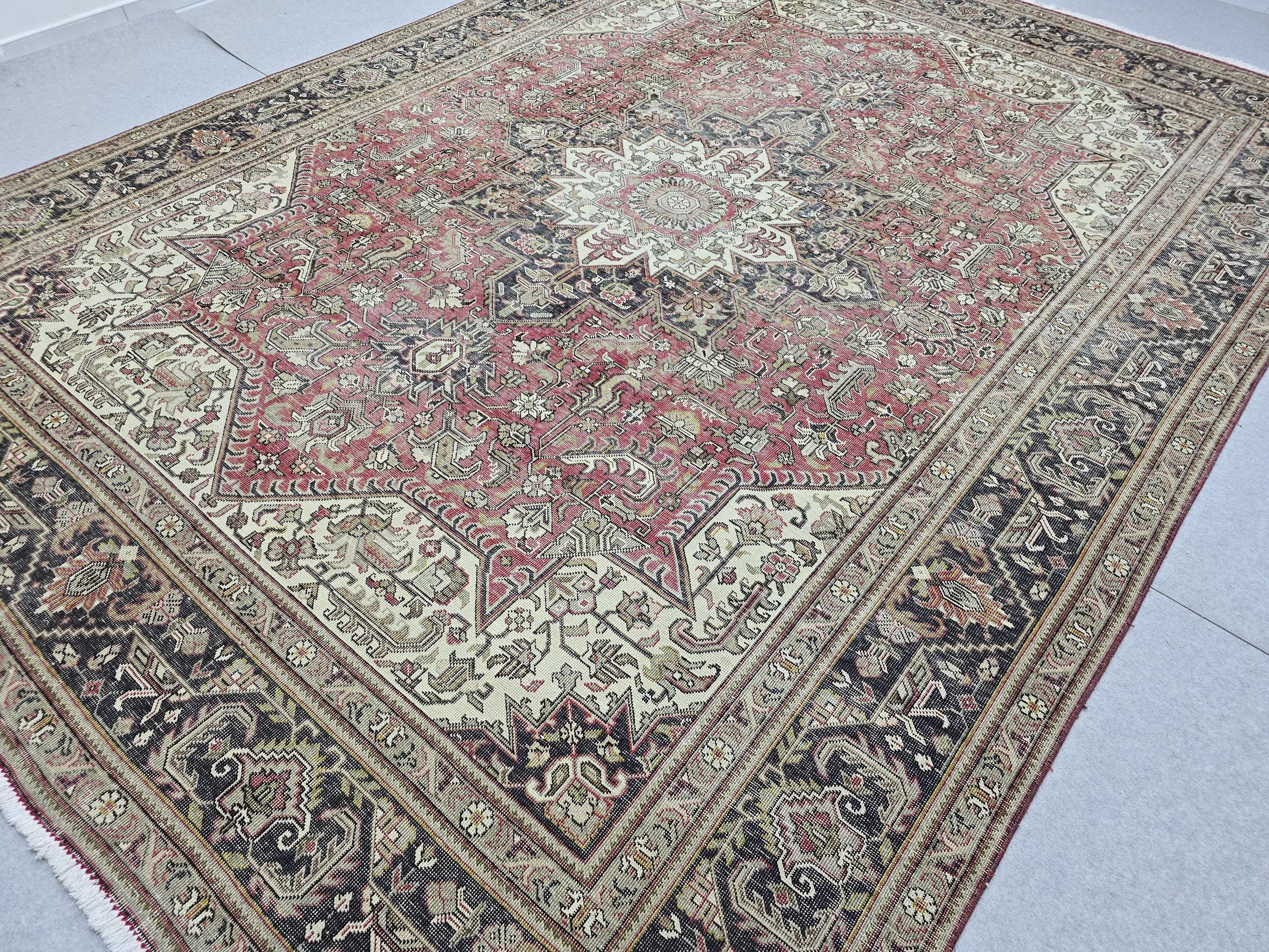 Vintage Hand-Knotted Wool Rug, Red Medallion Turkish Carpet, 9x13 Living Room Area Rug