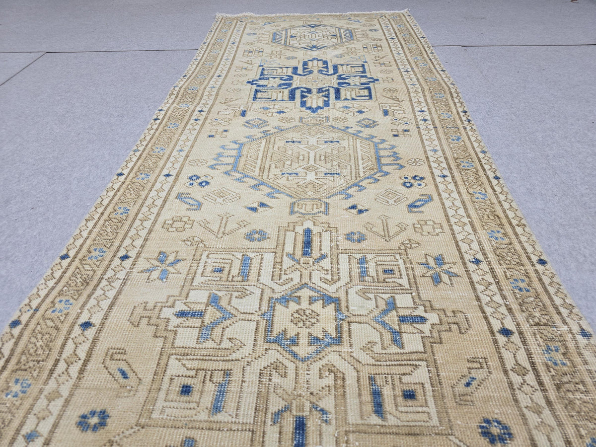 3x12 Turkish Runner Rug, Blue Beige Vintage Wool Hallway Runner, Faded Tribal Medallion Anatolian Corridor Rug, Boho Farmhouse Decor