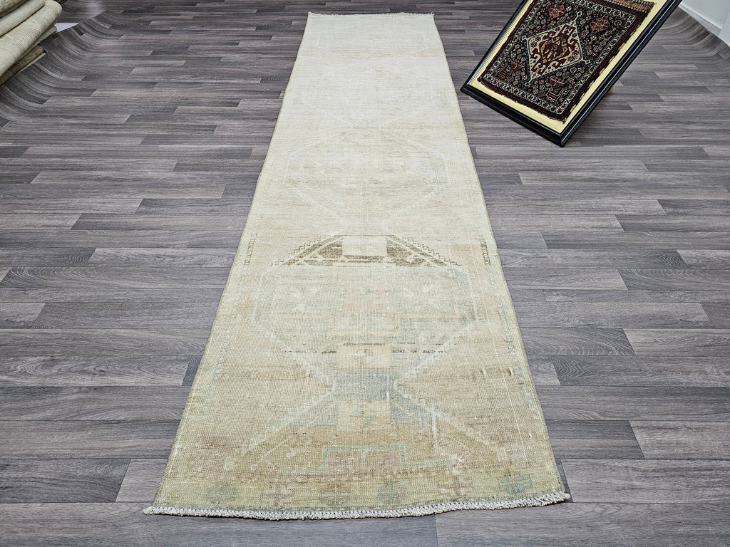 Vintage Turkish Oushak Wool Runner: Beige Brown Distressed Hallway Rug (3x11.6 ft)