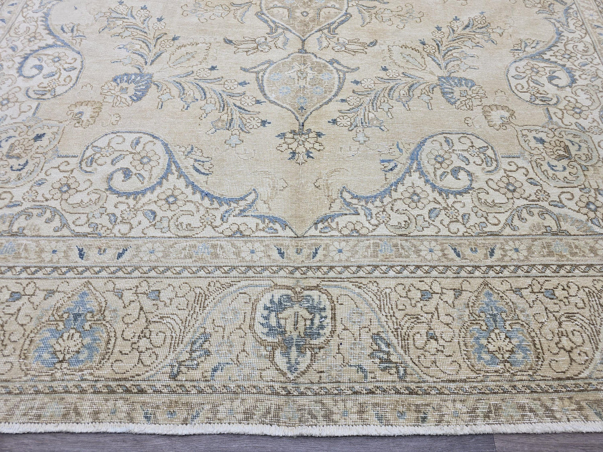 Vintage Turkish Oushak Rug: 10x13 Beige & Blue Handknotted Wool Carpet