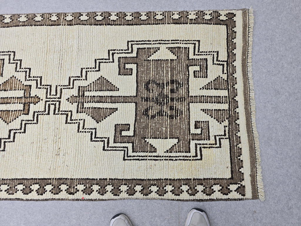 Wool Turkish Runner, Hand-Knotted Cream Brown Boho Hallway Rug
