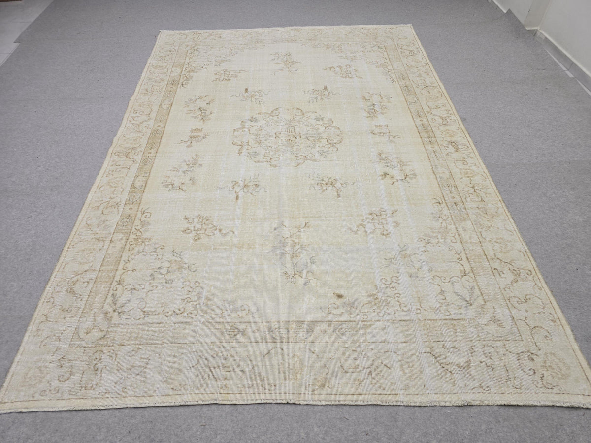 Vintage Turkish Wool Rug, Muted Cream Isparta Carpet, 7x10 Living Room Decor