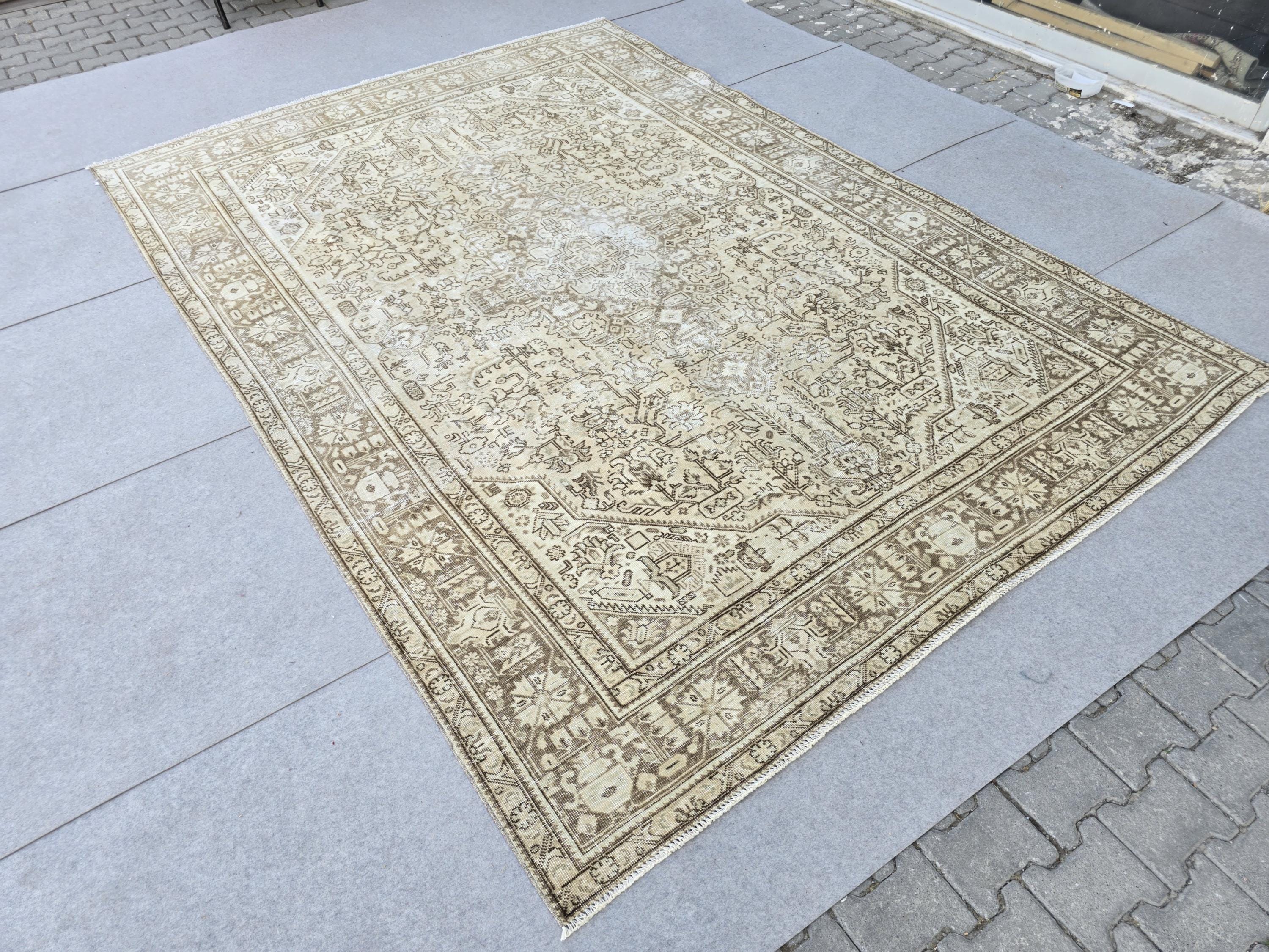 Vintage Turkish Rug, Neutral Beige 8x11 Area Rug, Handwoven Distressed Medallion Rug