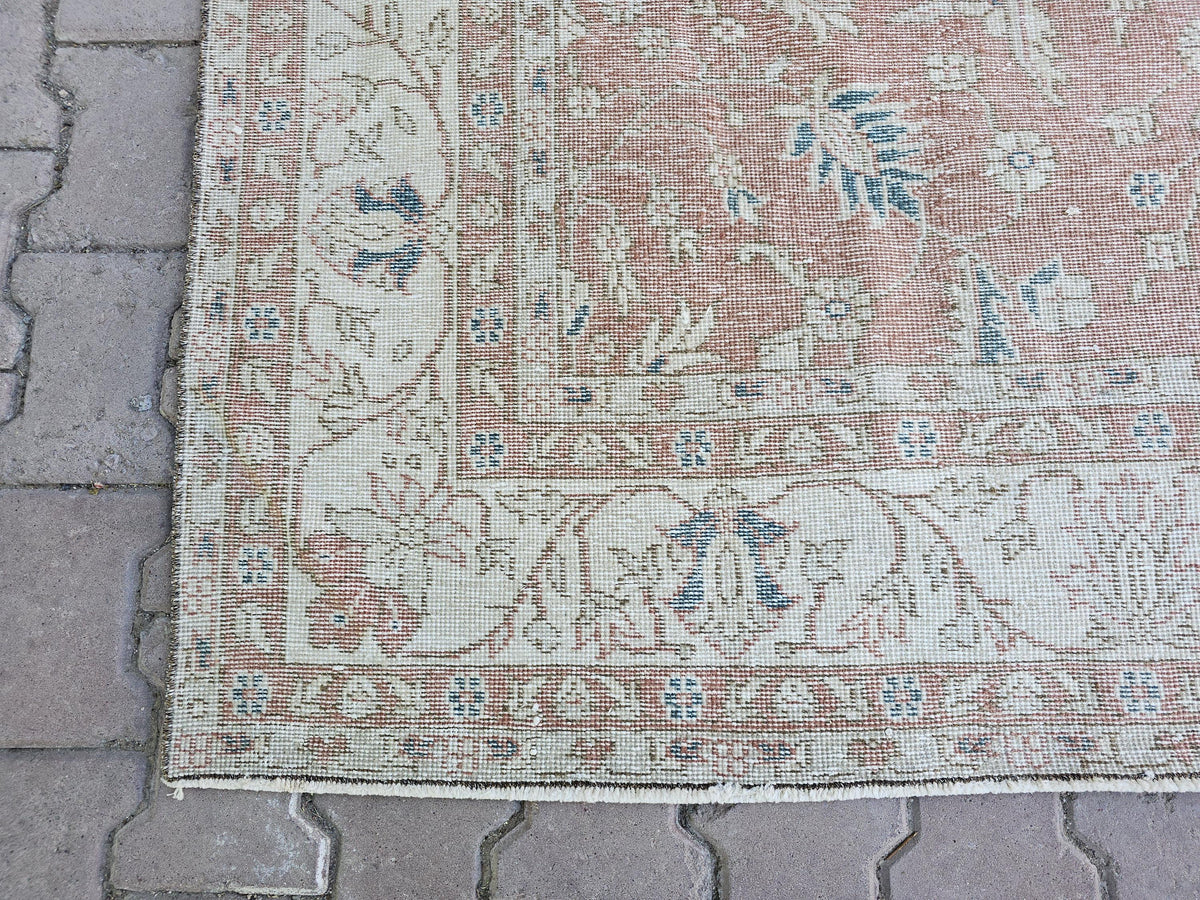 7x10 Hand-Knotted Turkish Oushak Rug: Faded Oriental Area Carpet