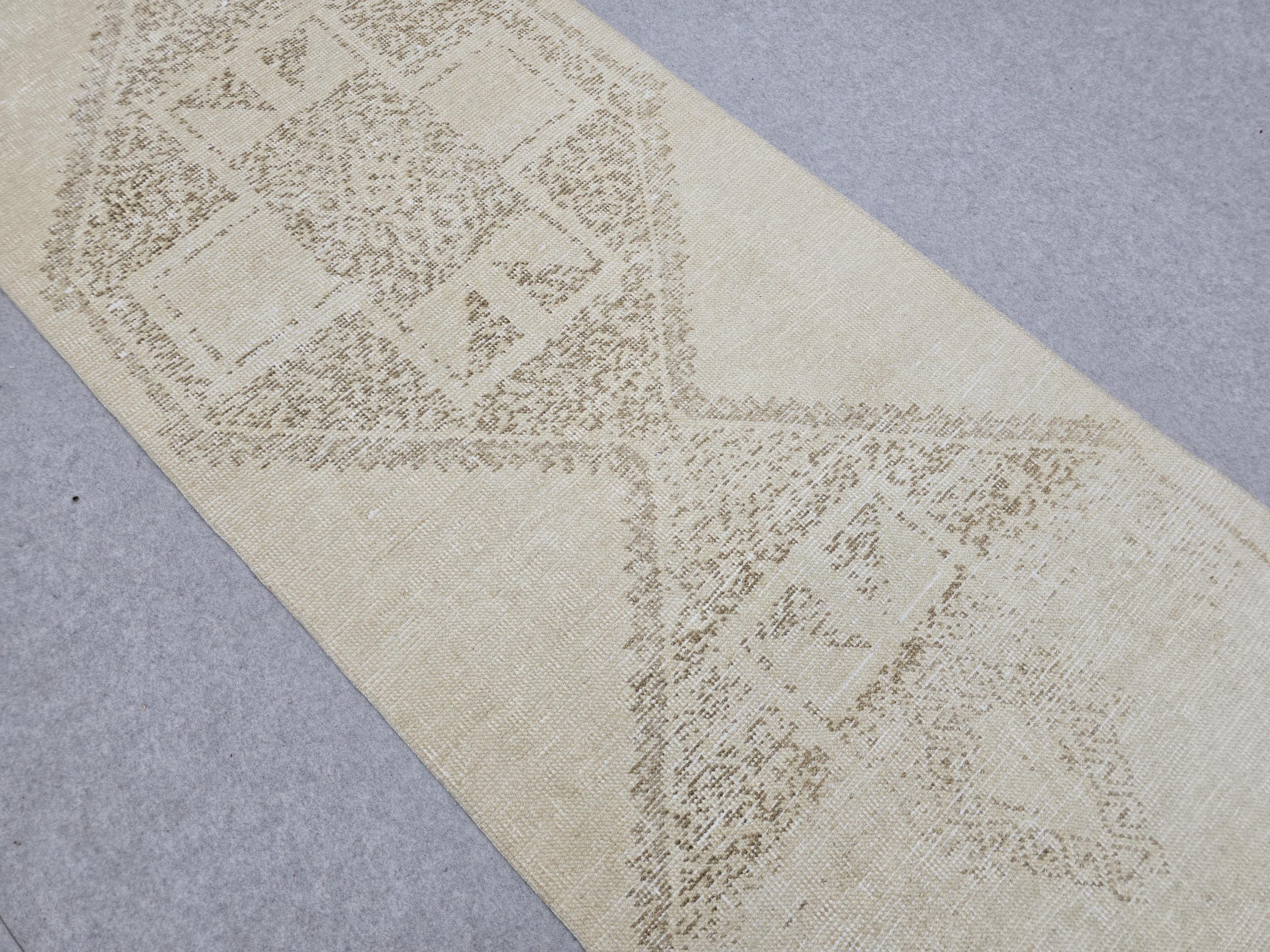 3x12 Turkish Runner - Vintage Oushak Runner Rug: 3x12.25 ft, Neutral Wool Carpet runner Rug