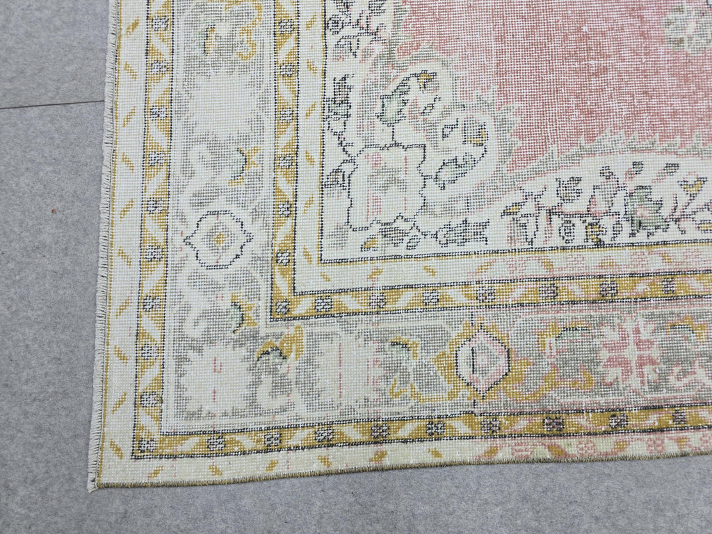 Muted Pink Vintage Oushak Rug 6'5"x9'8" | Neutral Turkish Area Rug Faded Boho Living Room