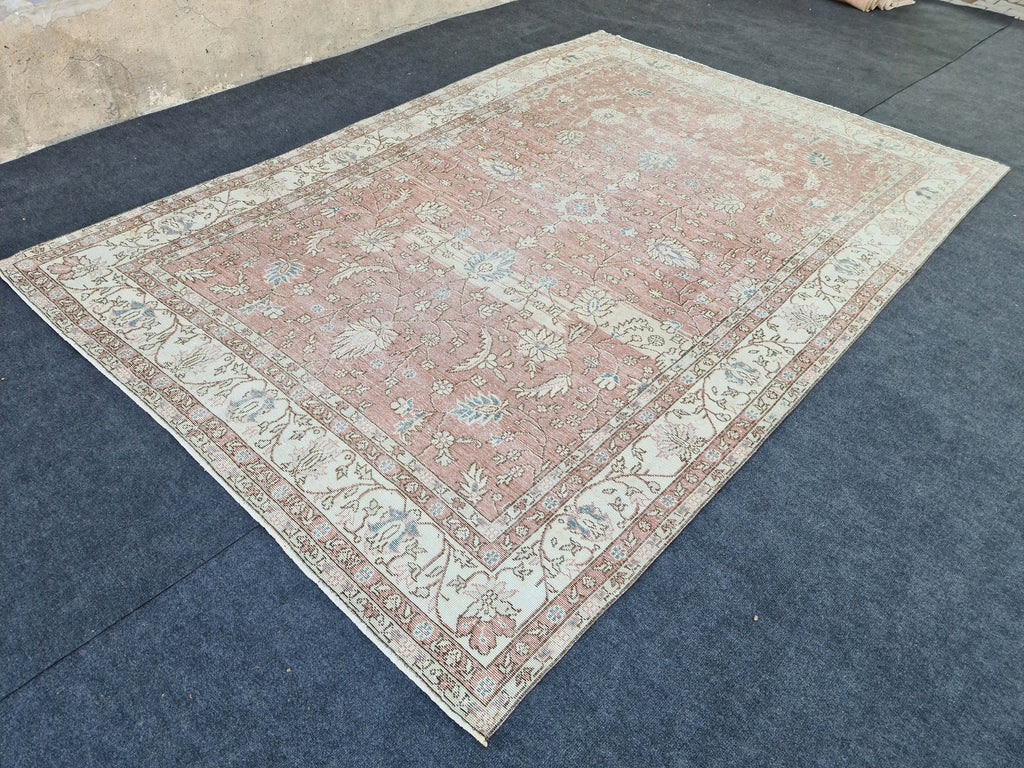 Muted Oushak Pink Rug: 6.85x9.85 ft, Handmade Vintage Turkish Floral Wool Carpet