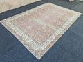 Muted Oushak Pink Rug: 6.85x9.85 ft, Handmade Vintage Turkish Floral Wool Carpet