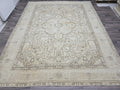 Large Vintage Turkish Oushak Rug: Handwoven Wool, Beige Geometric Medallion (9.7 x 12.25 ft)