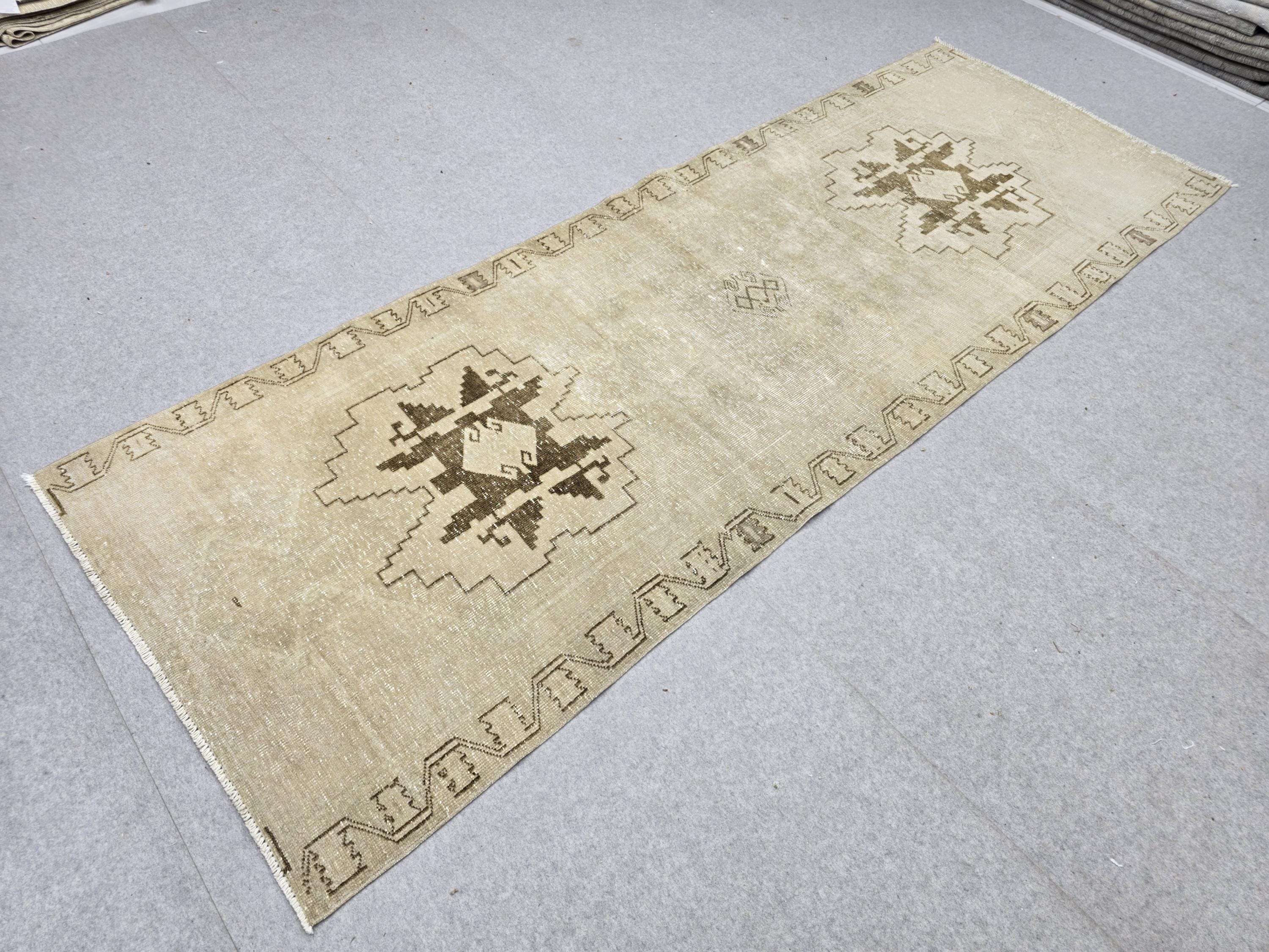 Turkish Rug 3.5x10 Runner, Wheat Brown Wool Rug for Entryway, Tribal Star Medallion Carpet, Neutral Stair Runner, Rustic Dining Decor