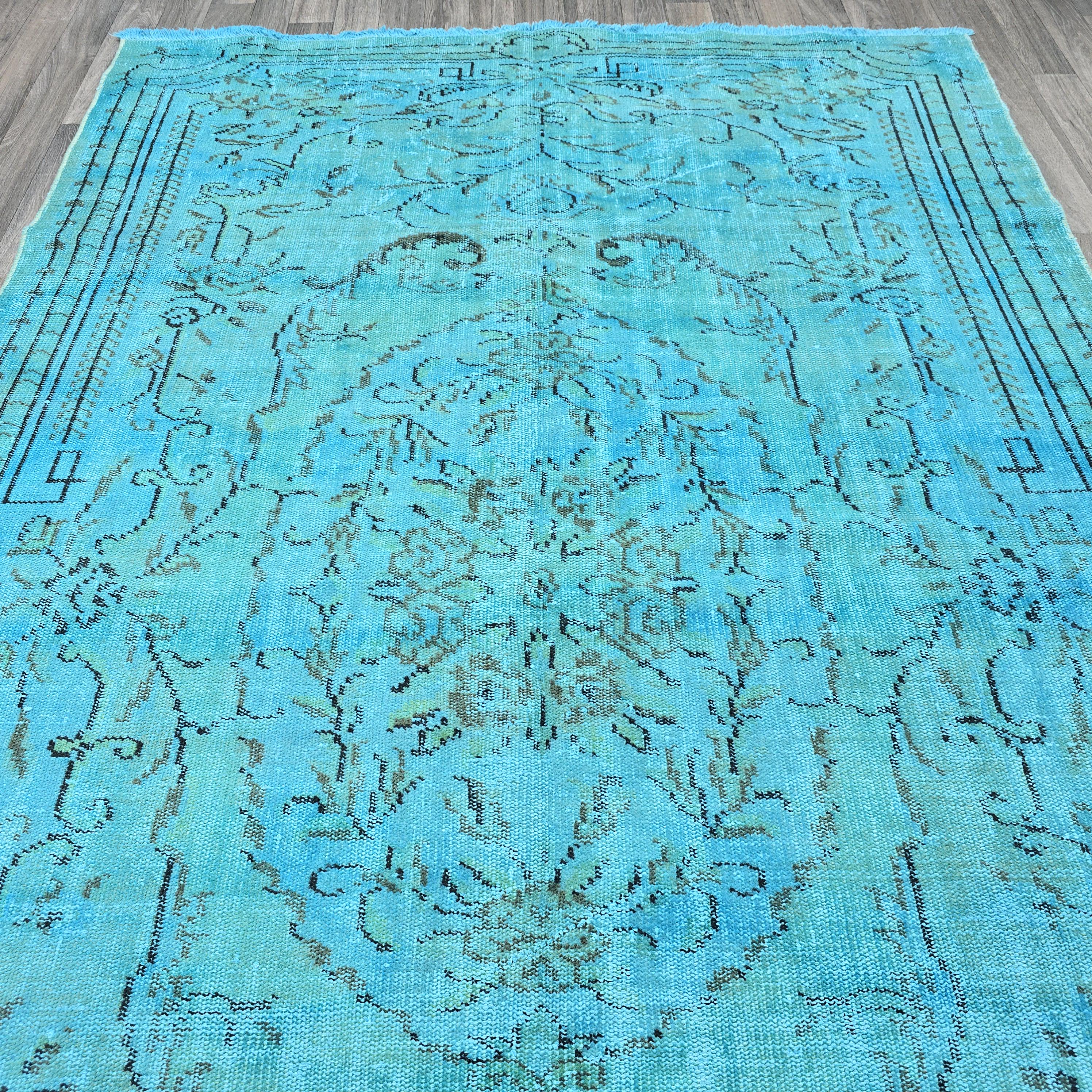 Vintage Overdyed Turquoise Turkish Rug - 6x9.6 ft Oushak Bohemian Area Rug
