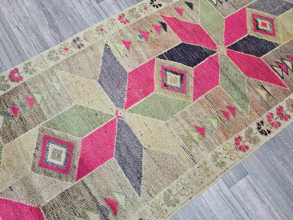 Vintage Wool Runner Rug: 3x11 Herki Turkish Hallway Rug