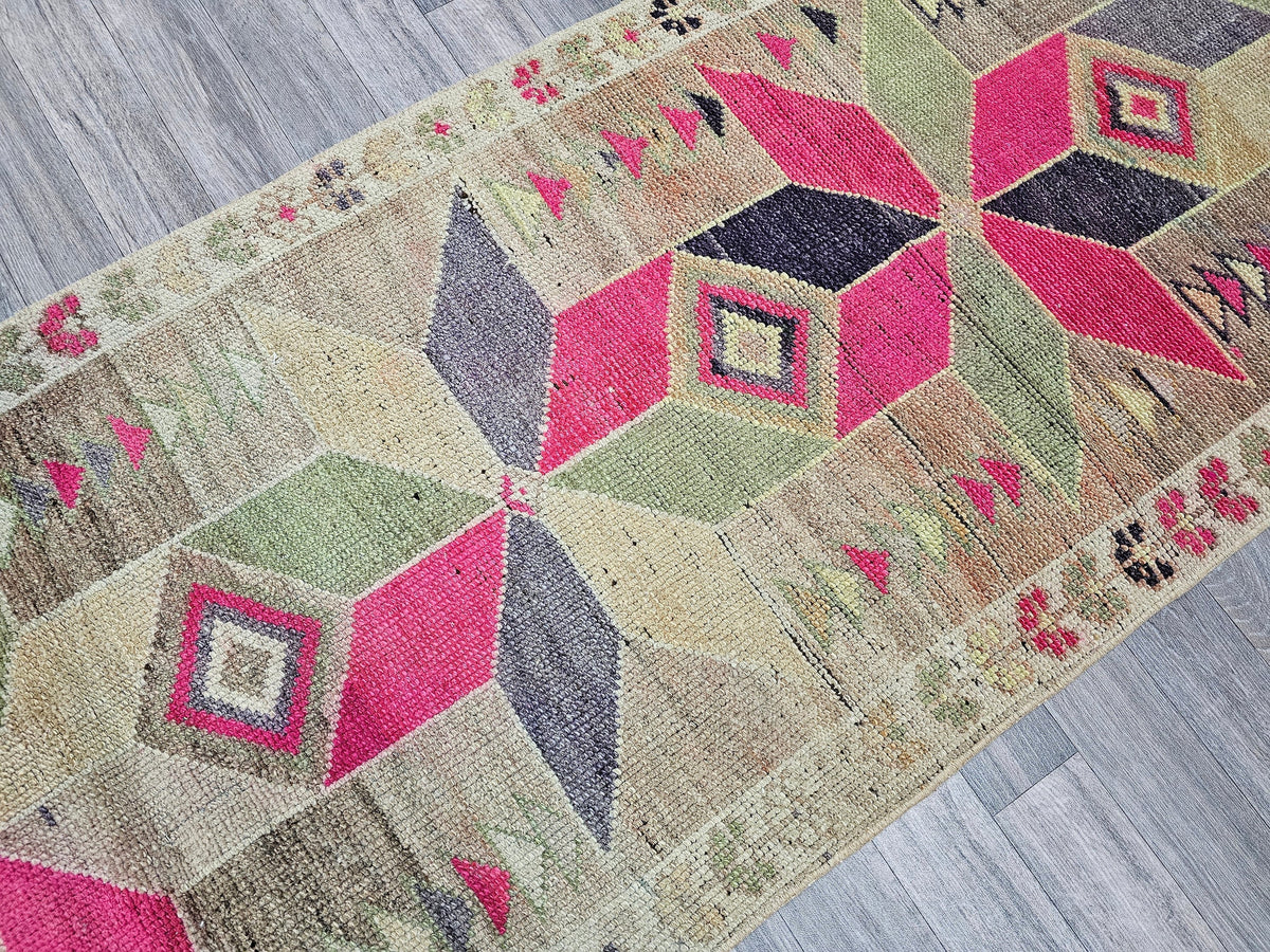 Vintage Wool Runner Rug: 3x11 Herki Turkish Hallway Rug