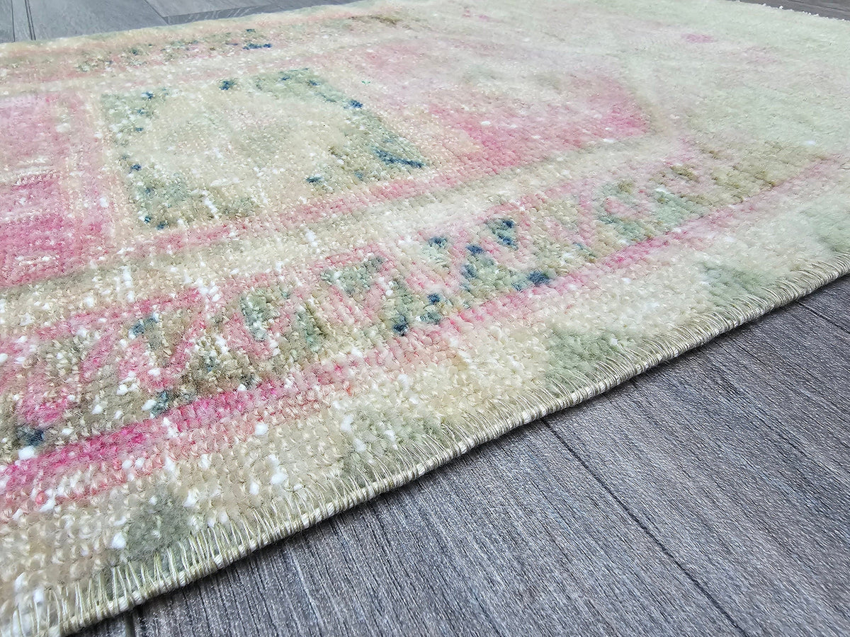 Faded Vintage Oushak Wool Rug: Turkish Doormat Bath Mat (18x33 inches)