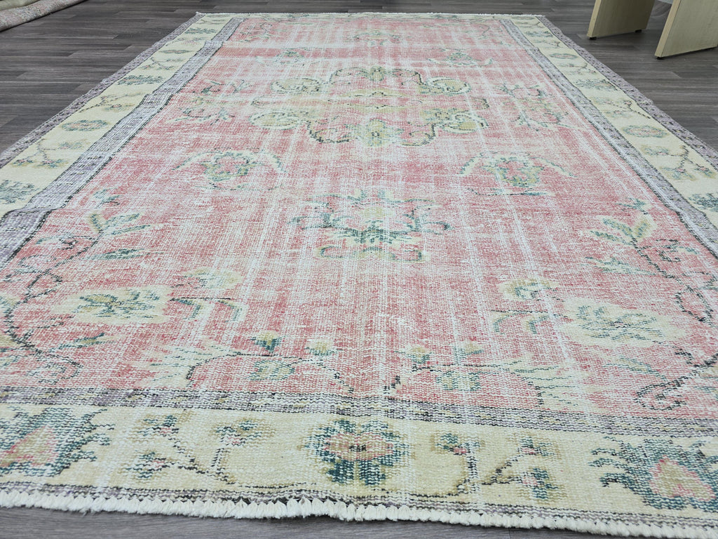 6x9 Vintage Turkish Oushak Rug: Pink Floral Wool Carpet