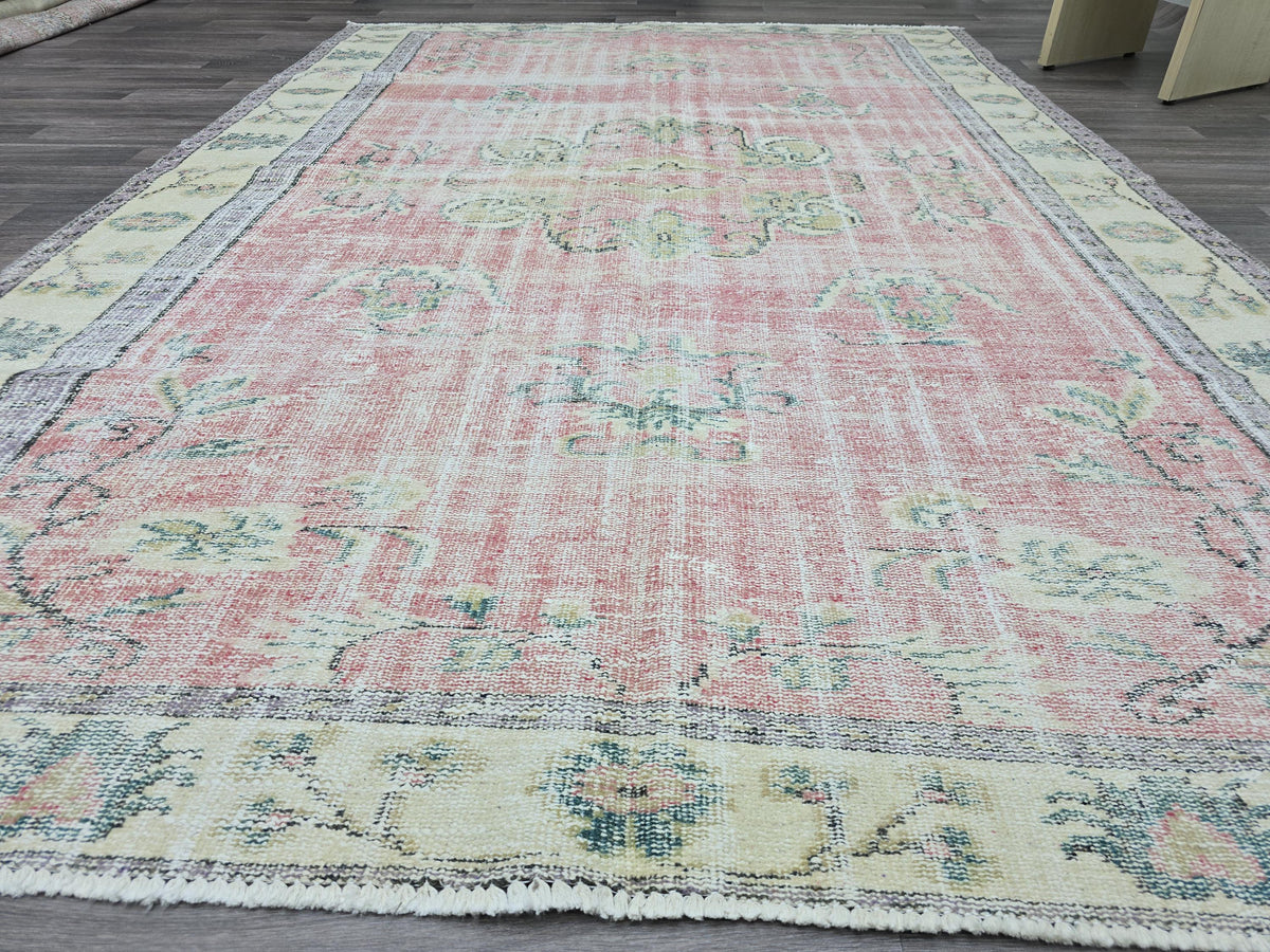 6x9 Vintage Turkish Oushak Rug: Pink Floral Wool Carpet