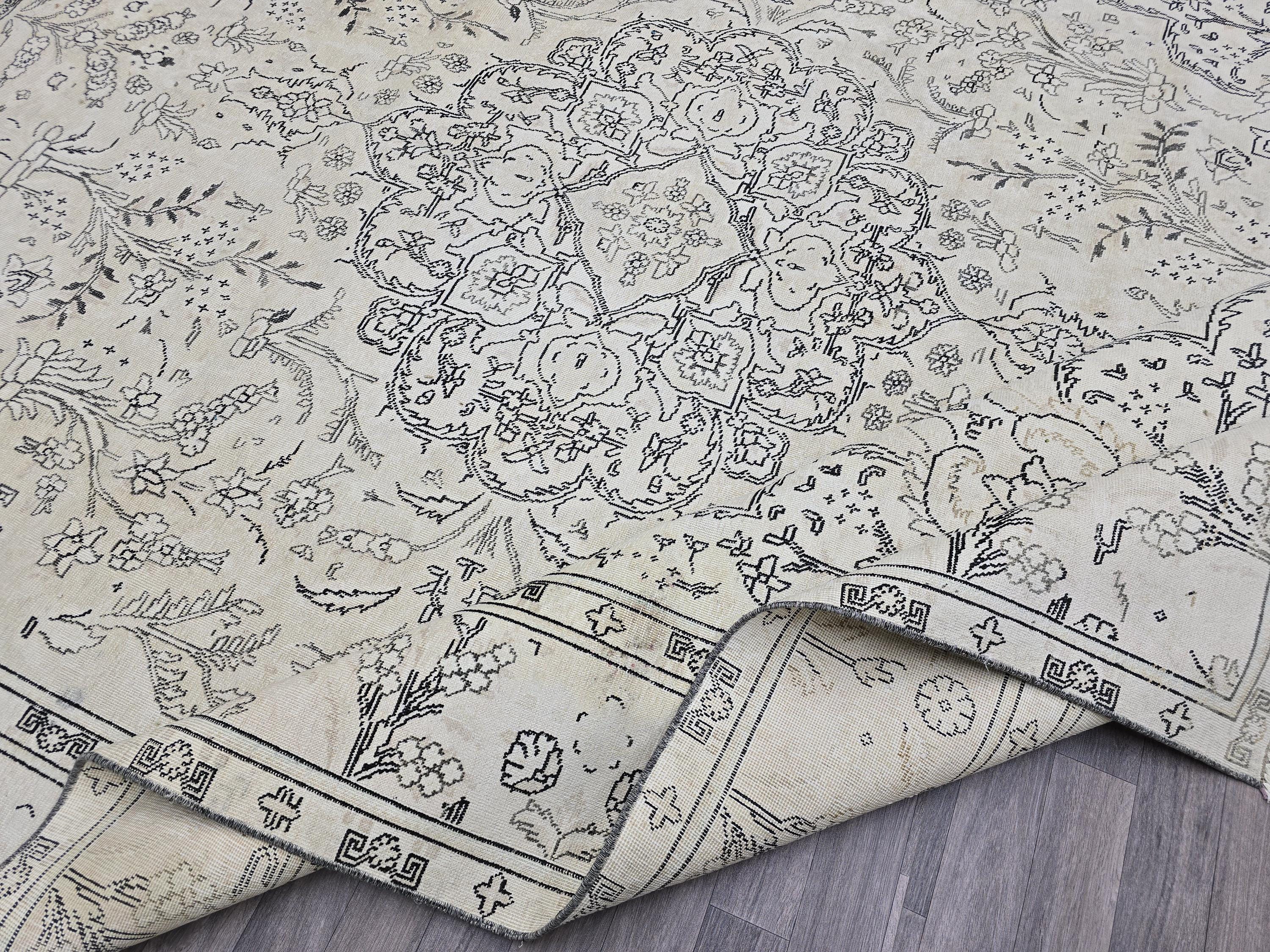 Oversize Cream Turkish Rug 10x12: Muted Vintage Wool Carpet