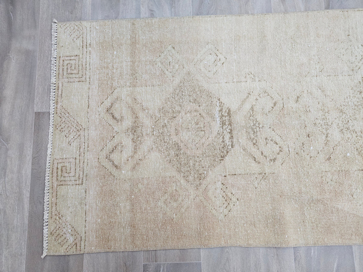 Hand Knotted Turkish Runner Rug 3x12: Vintage Wool Hallway Carpet