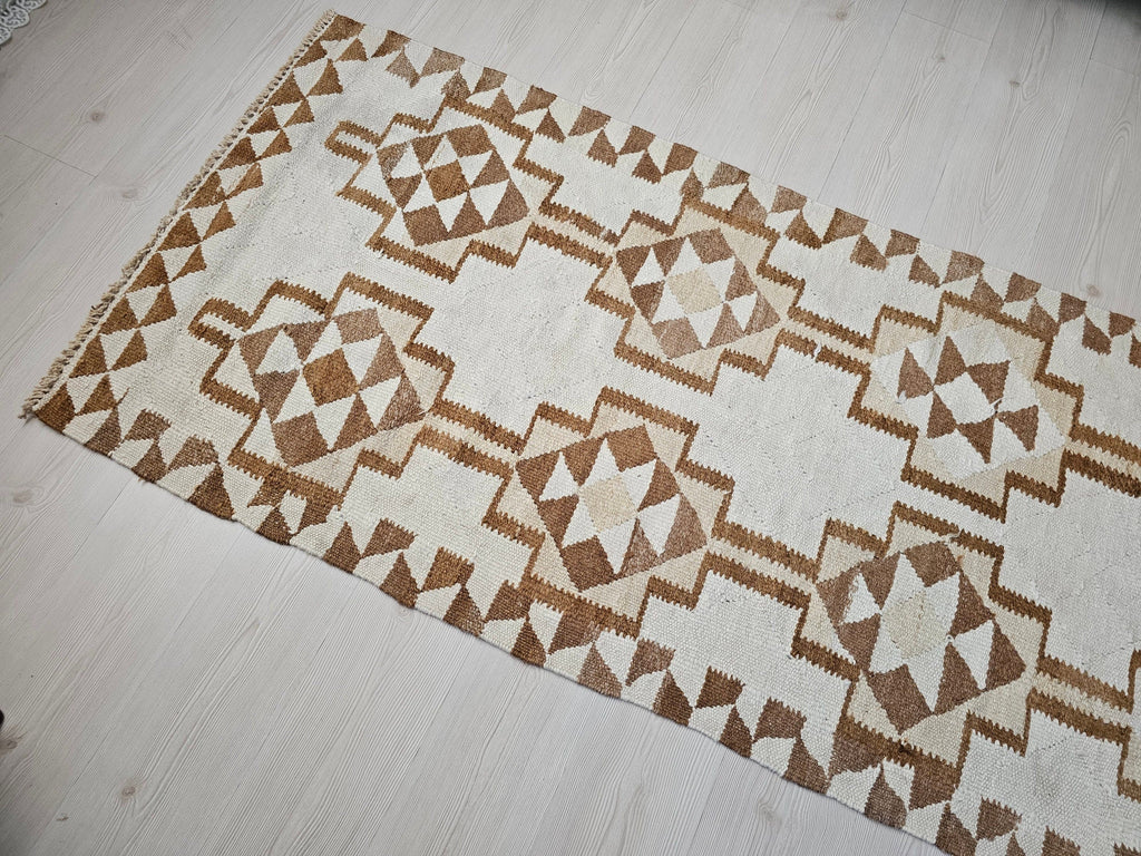 Vintage Turkish Oushak Runner Rug: Neutral Geometric Wool Hallway Rug (3.10x10.70 feet)