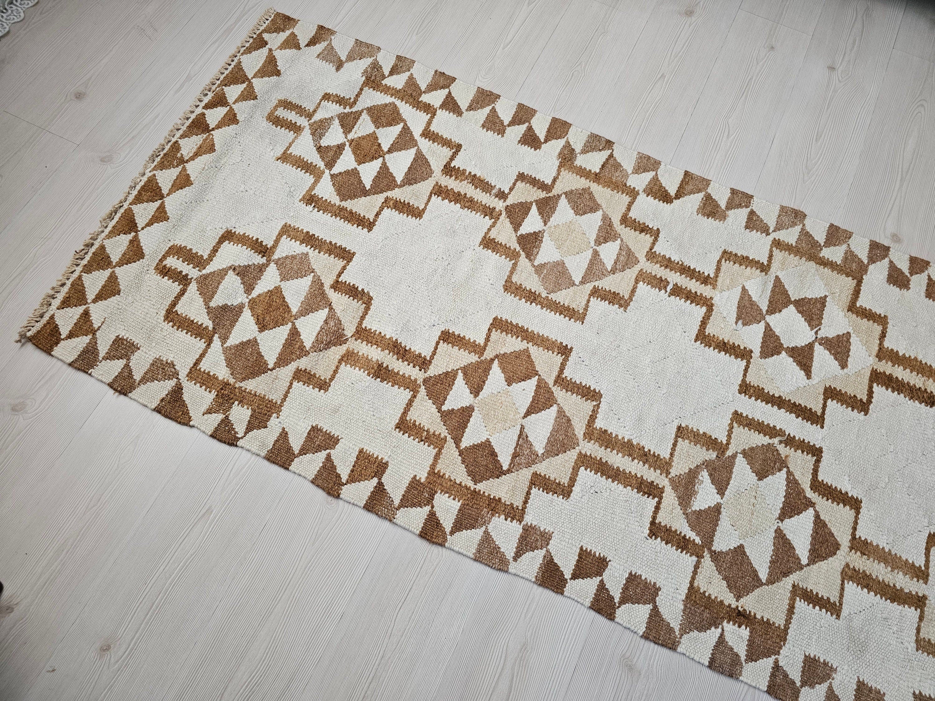 Vintage Turkish Oushak Runner Rug: Neutral Geometric Wool Hallway Rug (3.10x10.70 feet)