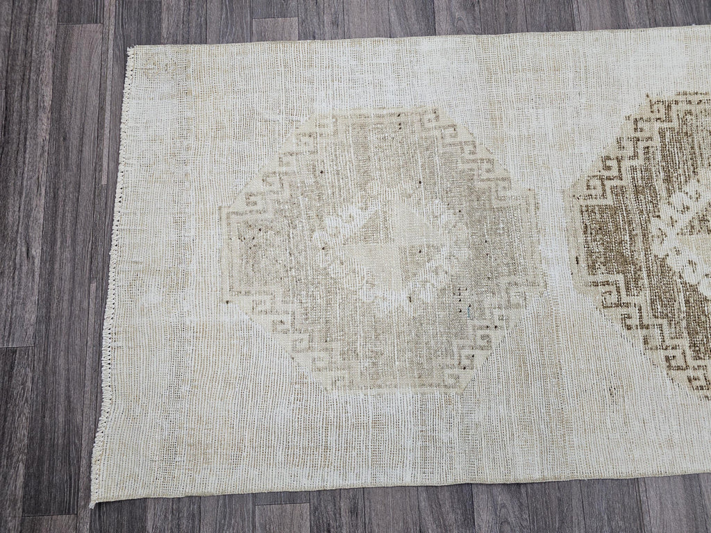 Vintage Hand-Knotted Wool Runner Rug: 3x10.5 ft Beige Brown Oriental