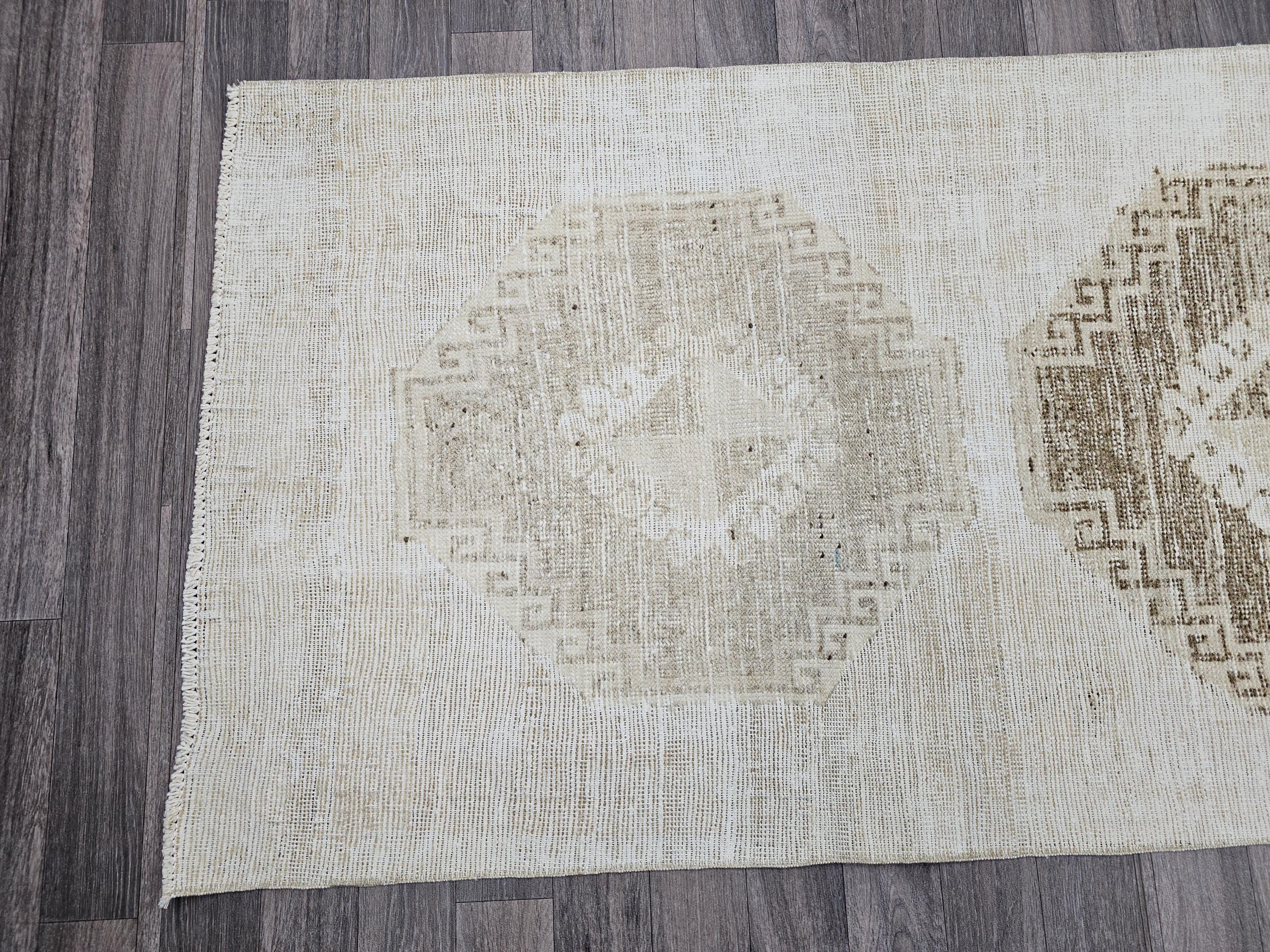 Vintage Hand-Knotted Wool Runner Rug: 3x10.5 ft Beige Brown Oriental
