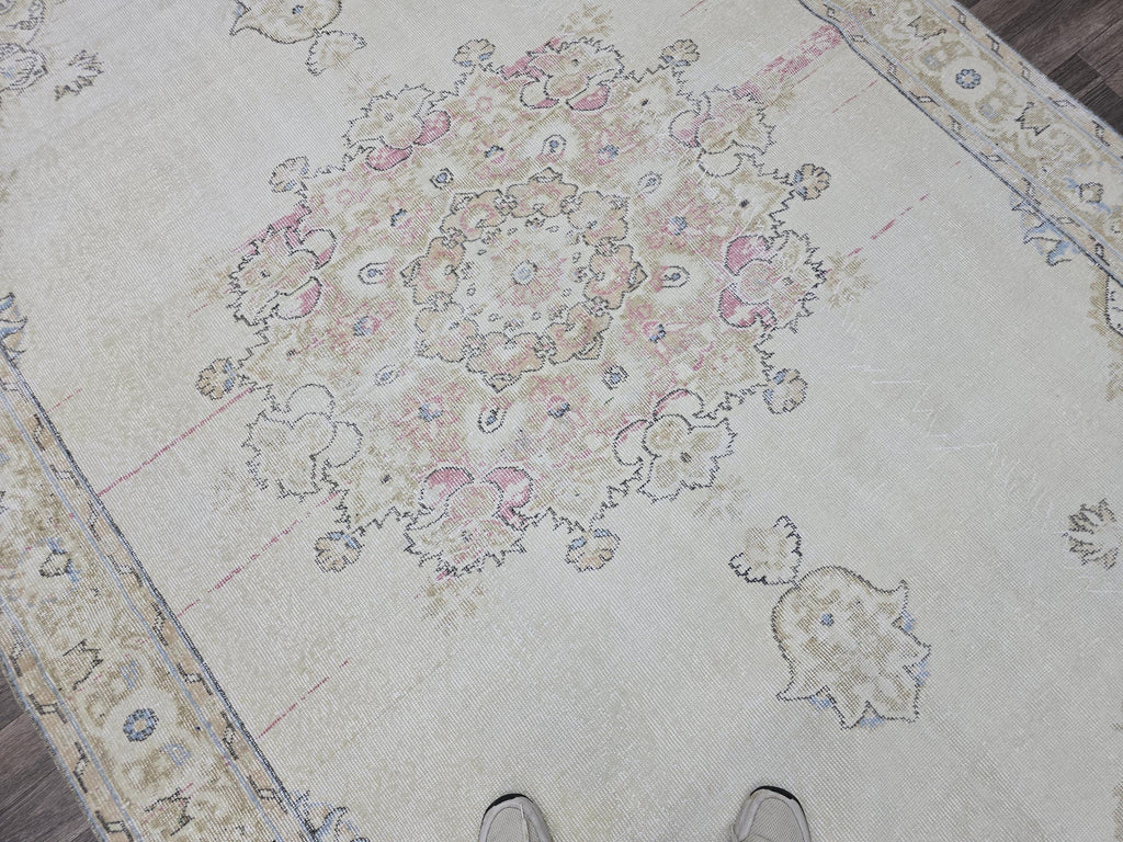 Turkish Rug 7x10 Vintage Cream Wool Area Rug Muted Pink Oushak Living Room Carpet