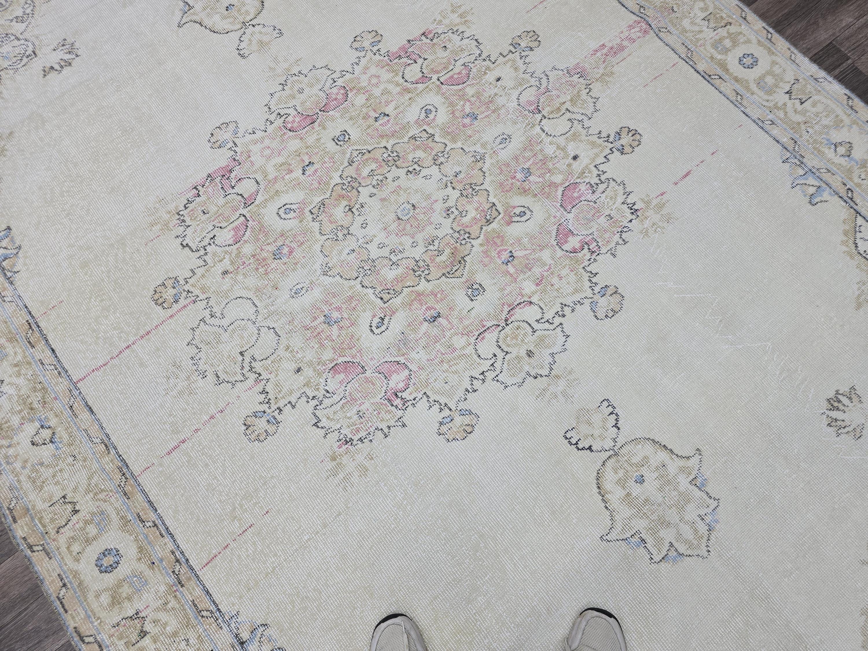 Turkish Rug 7x10 Vintage Cream Wool Area Rug Muted Pink Oushak Living Room Carpet