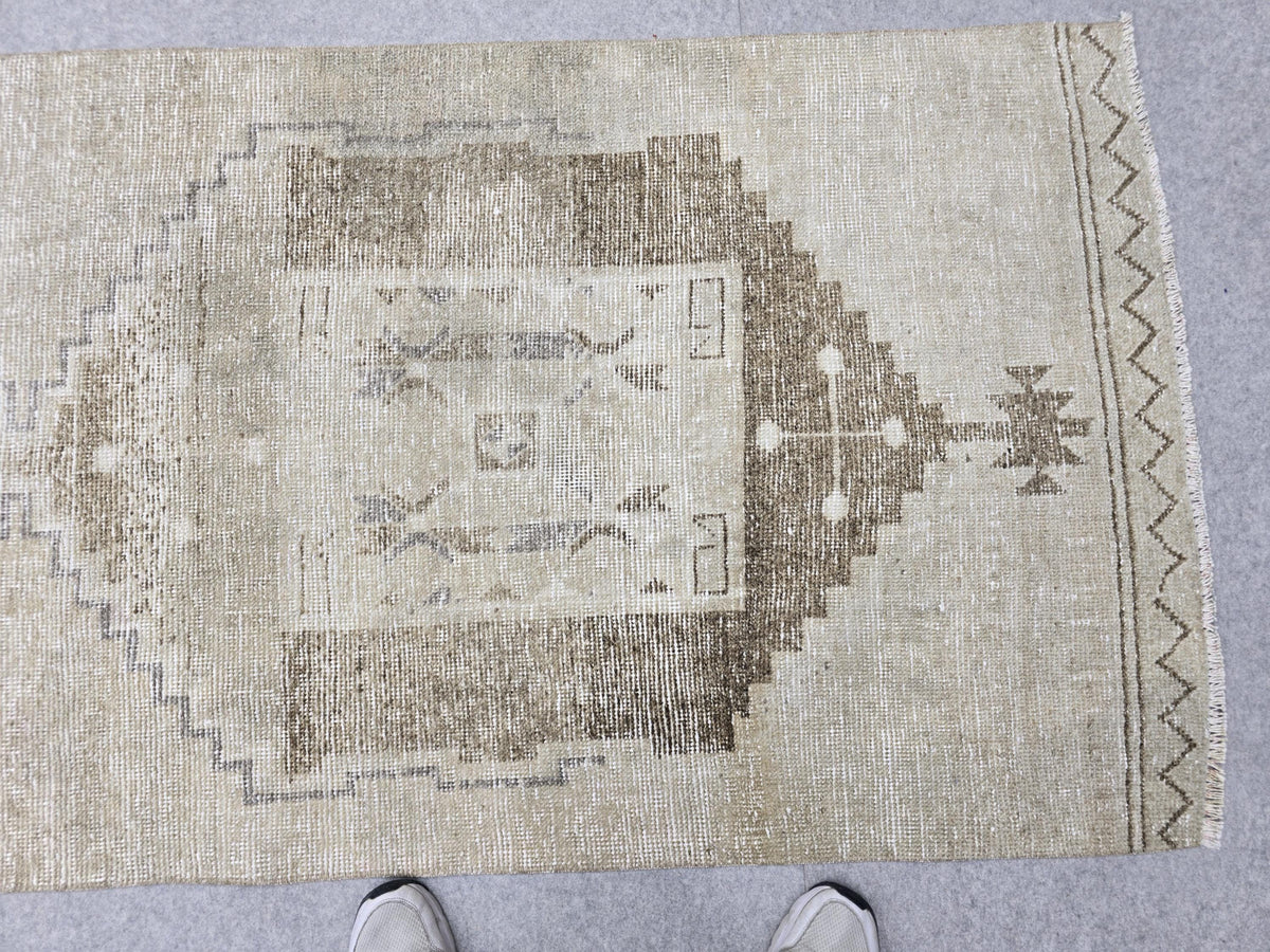 Vintage Runner Rug 3x12, Cream and Brown Medallion Hallway Runner, Long Wool Living Room Rug, Neutral Corridor Runner for 12 ft Decor