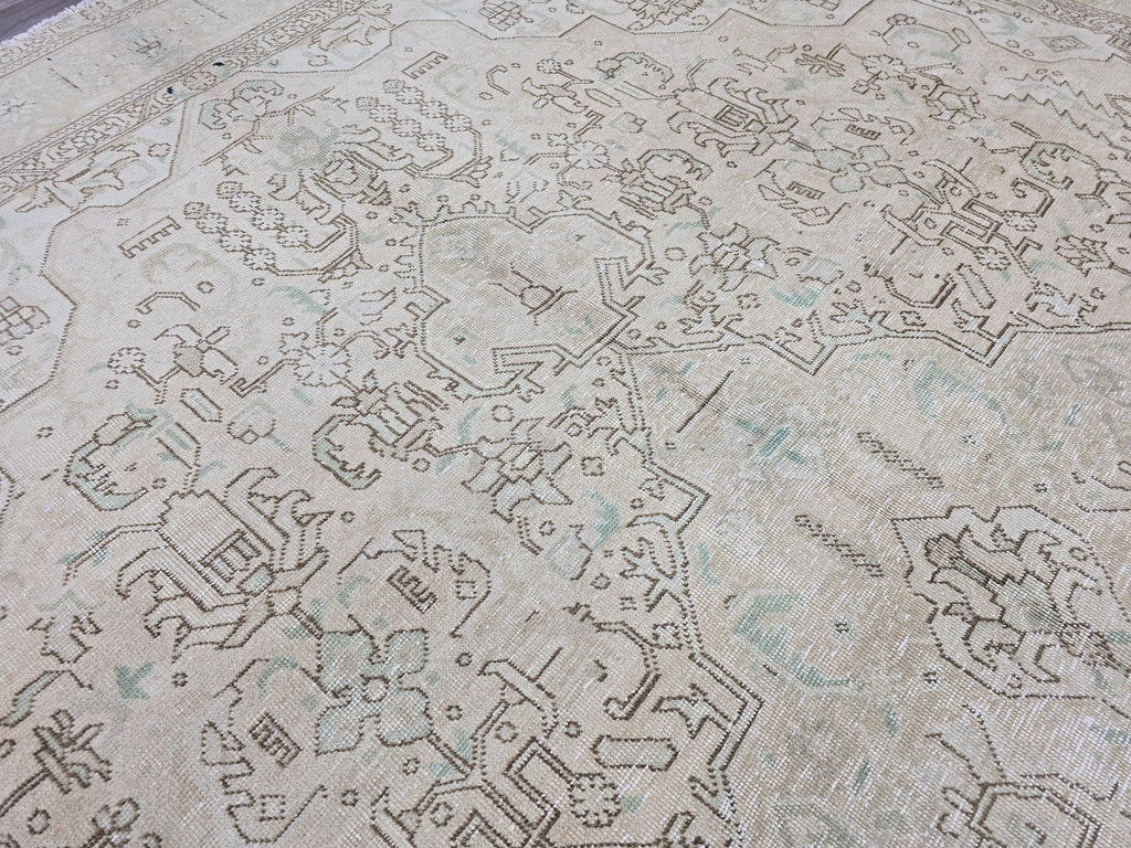 9x12 Vintage Heriz Rug: Neutral Oriental Wool, Large Area Rug