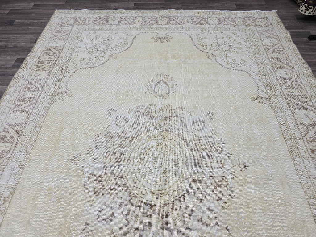 7x10 Vintage Turkish Oushak Rug 7x10: Neutral Medallion Turkish Carpet beige brown