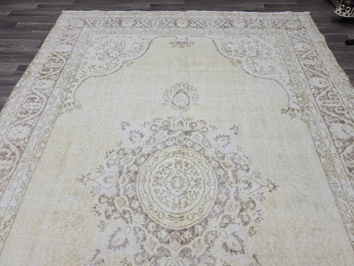 7x10 Vintage Turkish Oushak Rug 7x10: Neutral Medallion Turkish Carpet beige brown