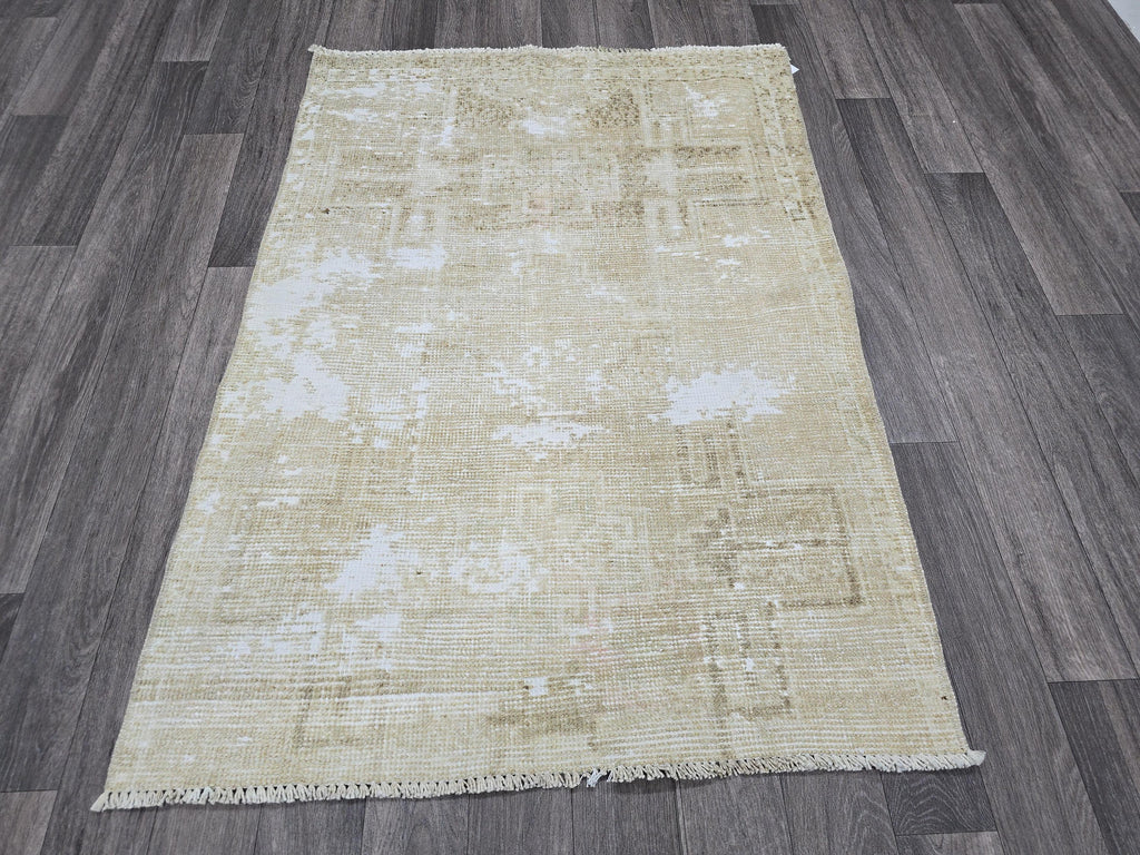 3x4 Neutral Oushak Turkish doormat, wool Vintage Bathmat, Small Turkish Rug