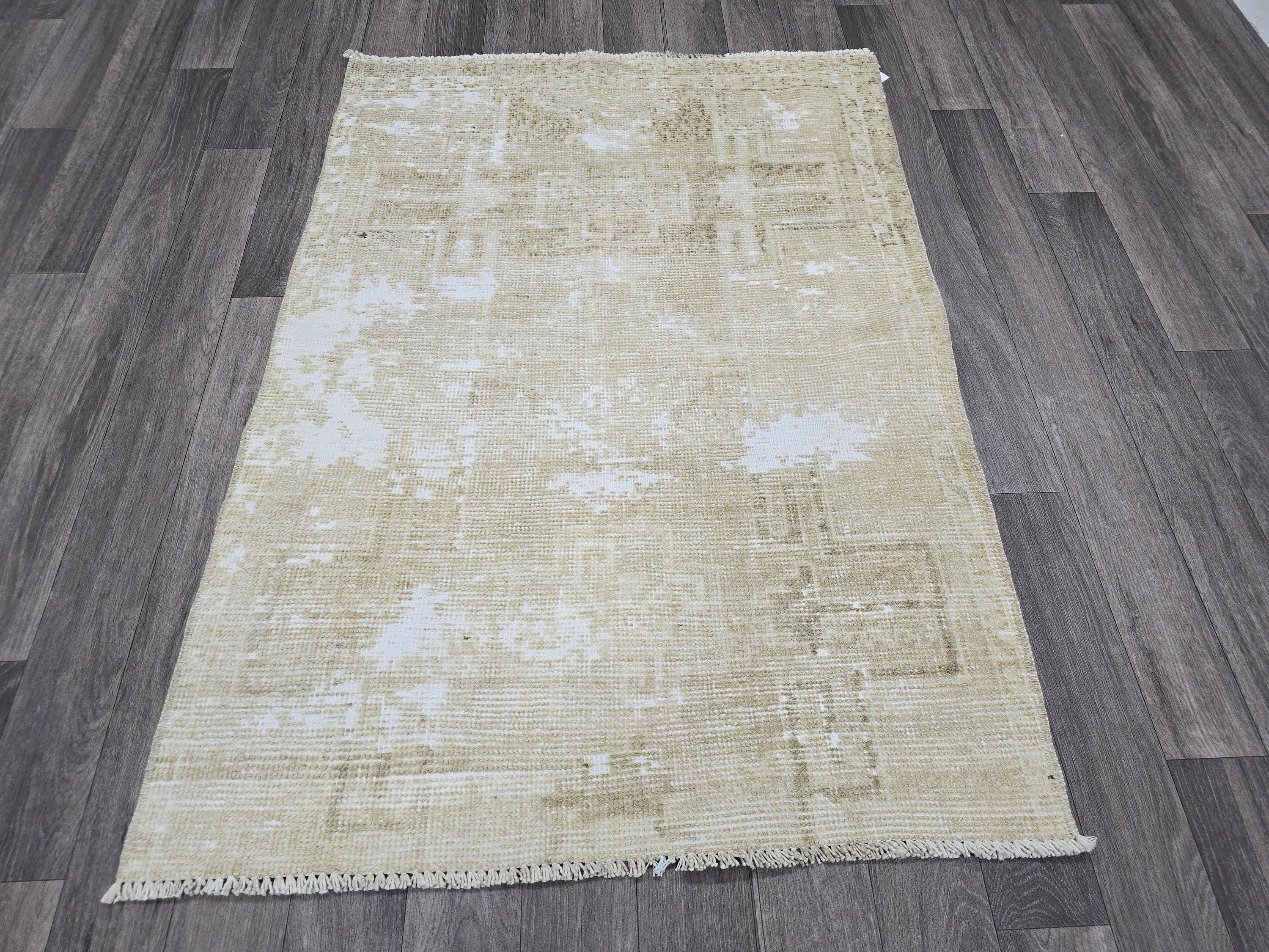 3x4 Neutral Oushak Turkish doormat, wool Vintage Bathmat, Small Turkish Rug