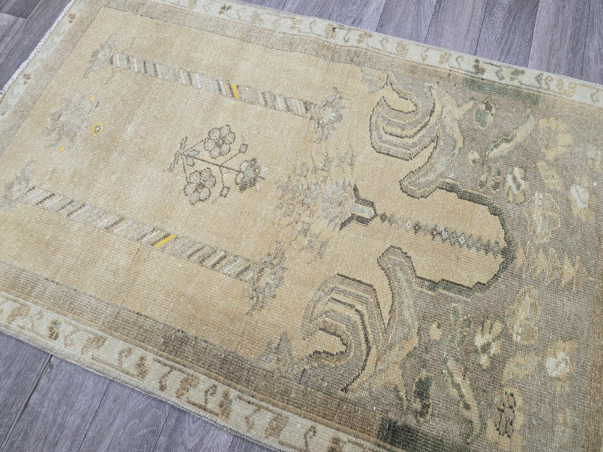 Vintage Oushak Wool Rug: 3x4 Turkish Doormat, Mid-Century Decor