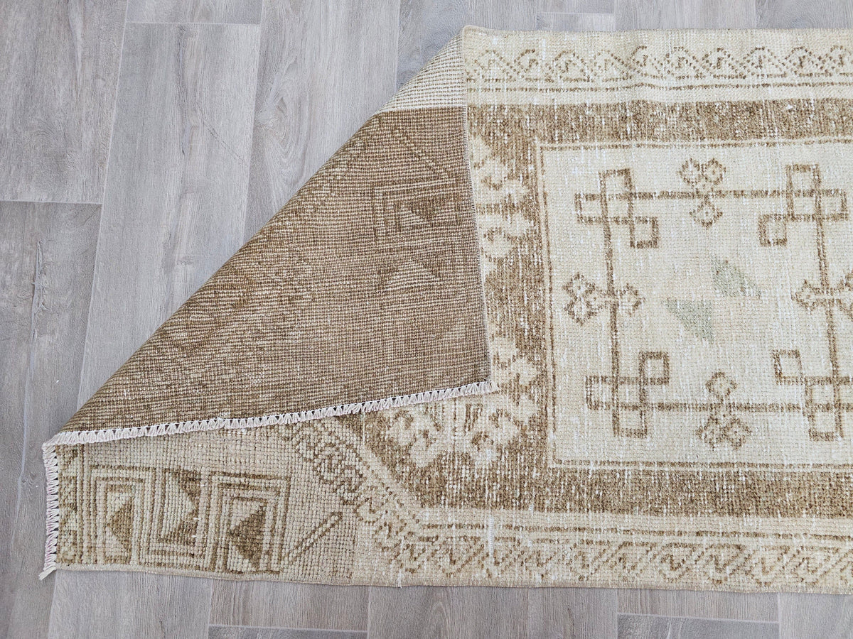 Hand Knotted Turkish Wool Runner Rug: Neutral Anatolian Design (2.50x11.85 feet)