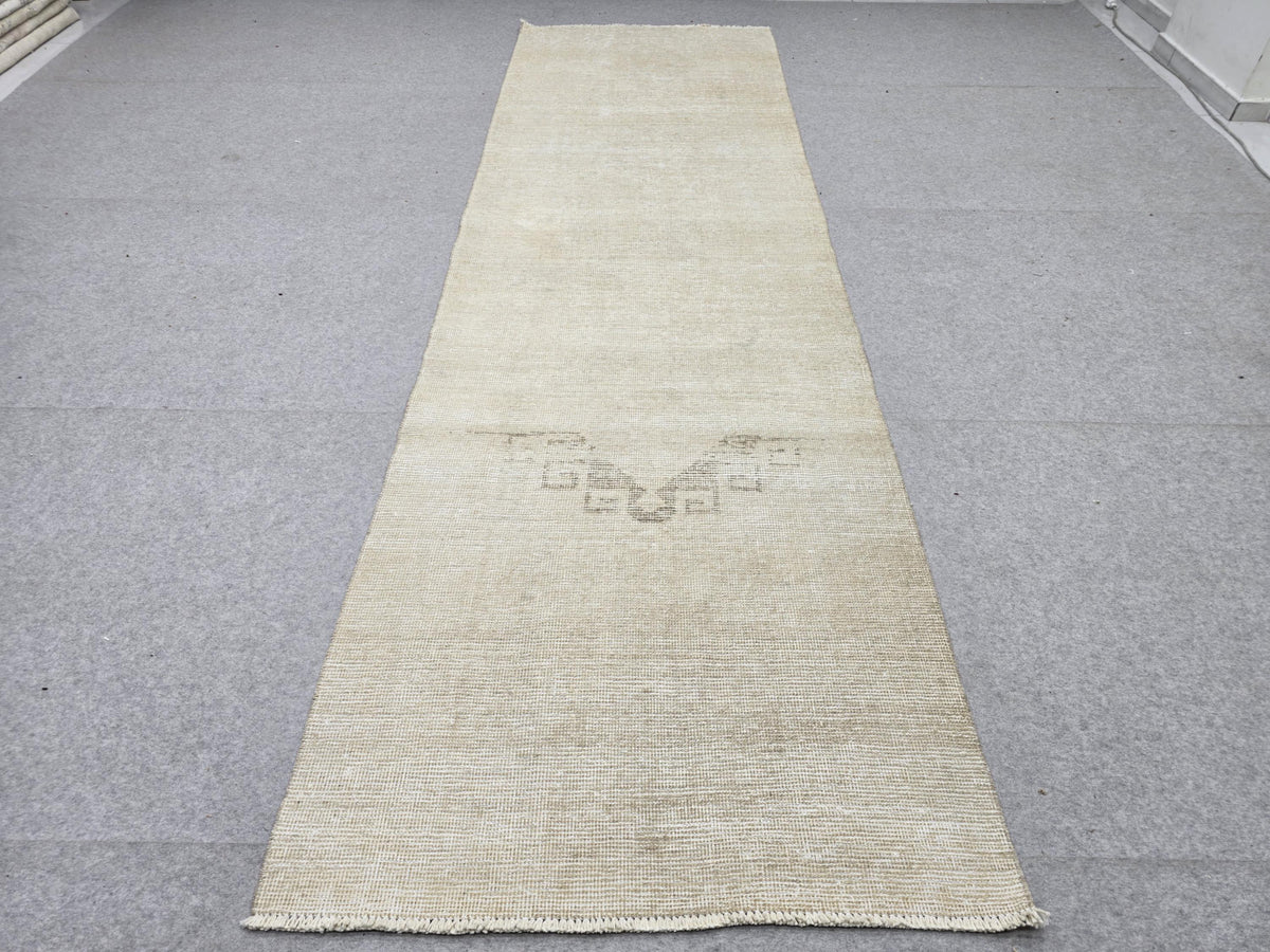 Vintage Runner Rug 3.5x11, Ivory Oushak Hallway Runner, Minimal Plain Wool Corridor Rug, Wide Cream Stair Runner for Bedroom Decor
