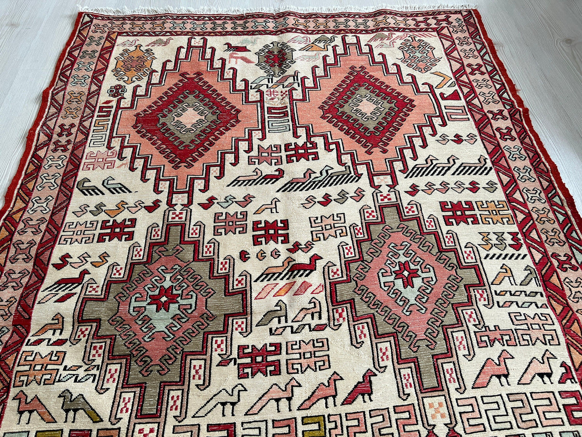Hand Woven Silk Soumak Rug: Vintage Anatolian Animal Print (4x6)